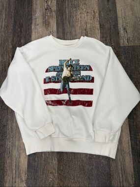 White Graphic Crewneck Sweatshirt with Red Stripe and Blue Text